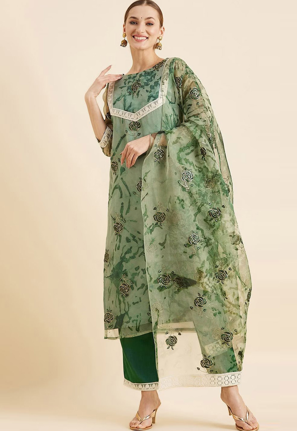 Sea Green Organza Readymade Pakistani Suit 272059