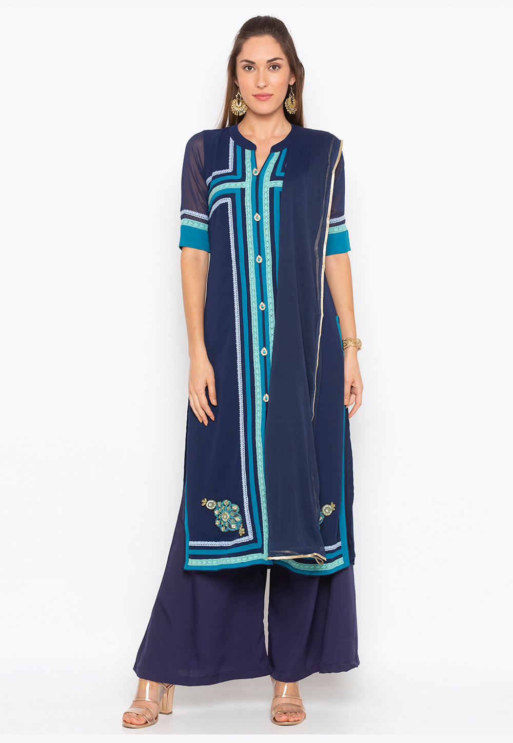 Navy Blue Georgette Readymade Palazzo Suit 223487