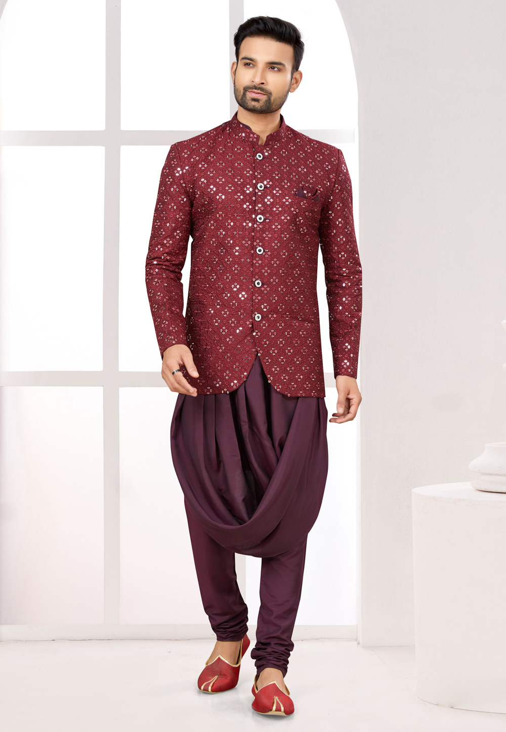 Maroon Silk Indo Western Suit 274032