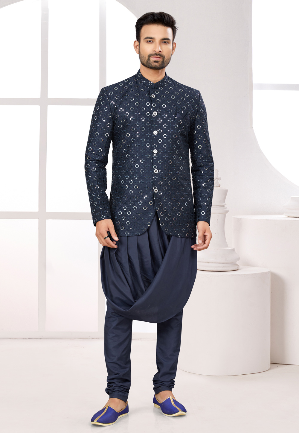 Navy Blue Silk Indo Western Suit 274034