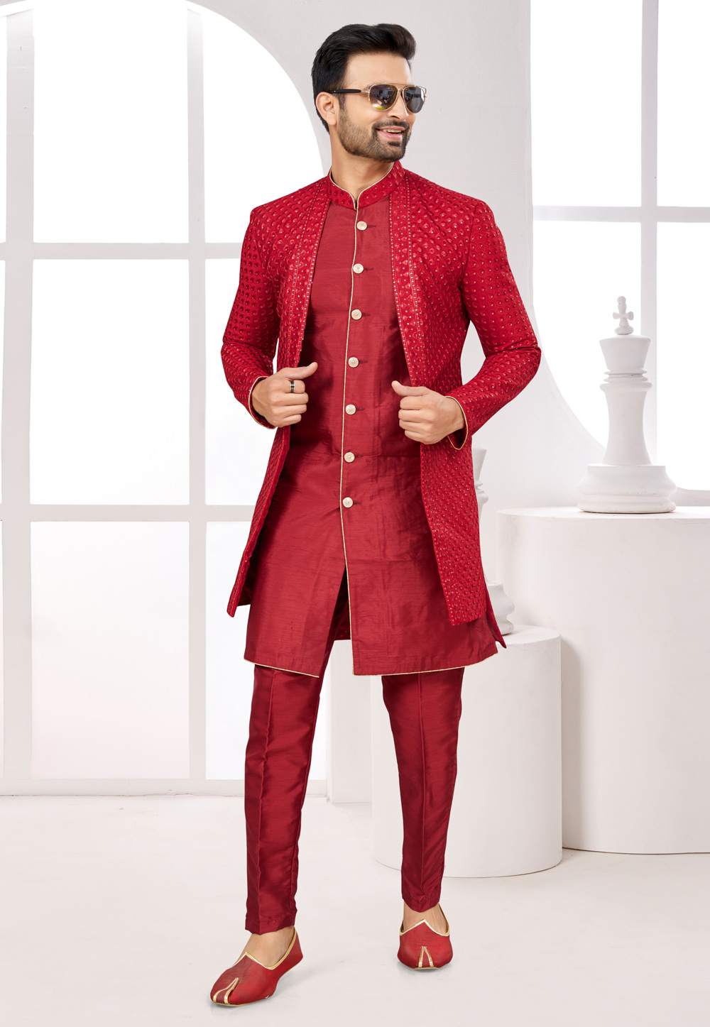 Maroon Silk Jacket Style Sherwani 274035