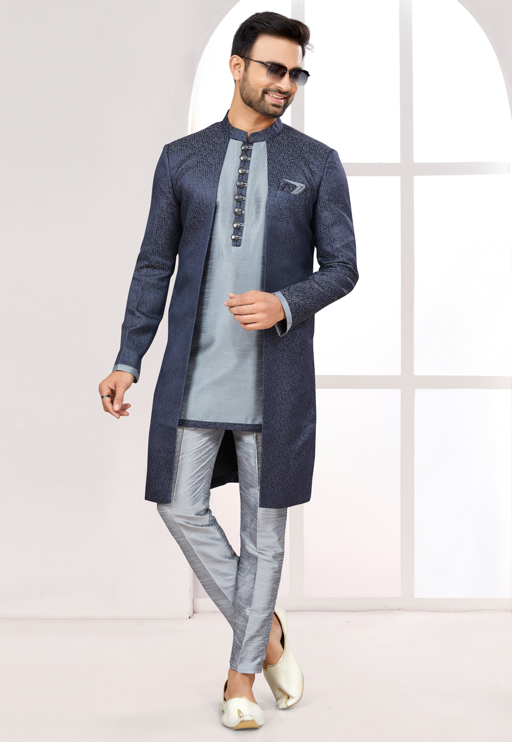 Grey Satin Jacquard Jacket Style Sherwani 274036