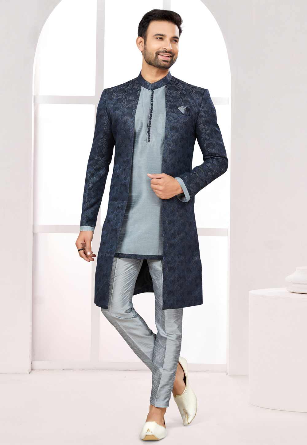 Grey Satin Jacquard Jacket Style Sherwani 274037