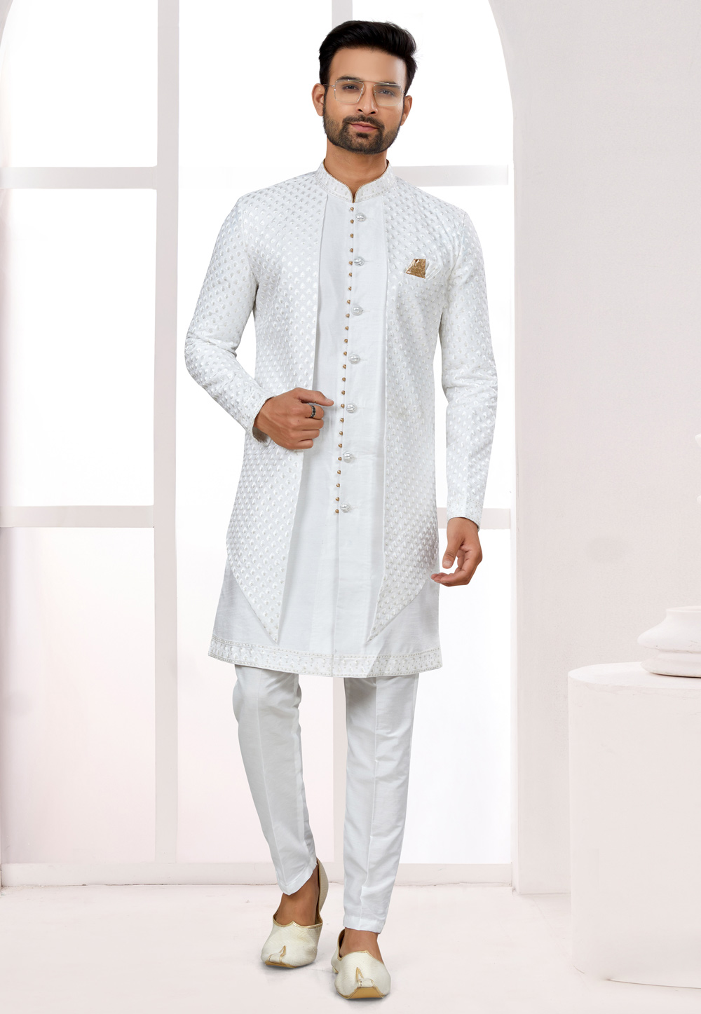 Off White Silk Jacket Style Sherwani 274038