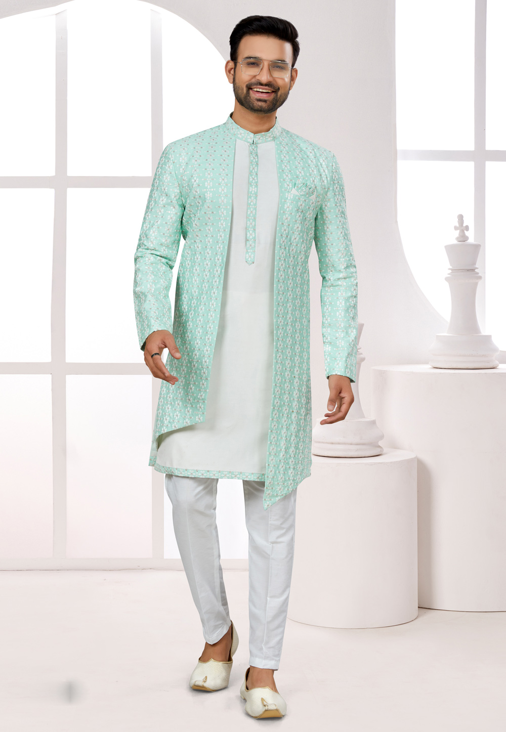Off White Silk Jacket Style Sherwani 274039