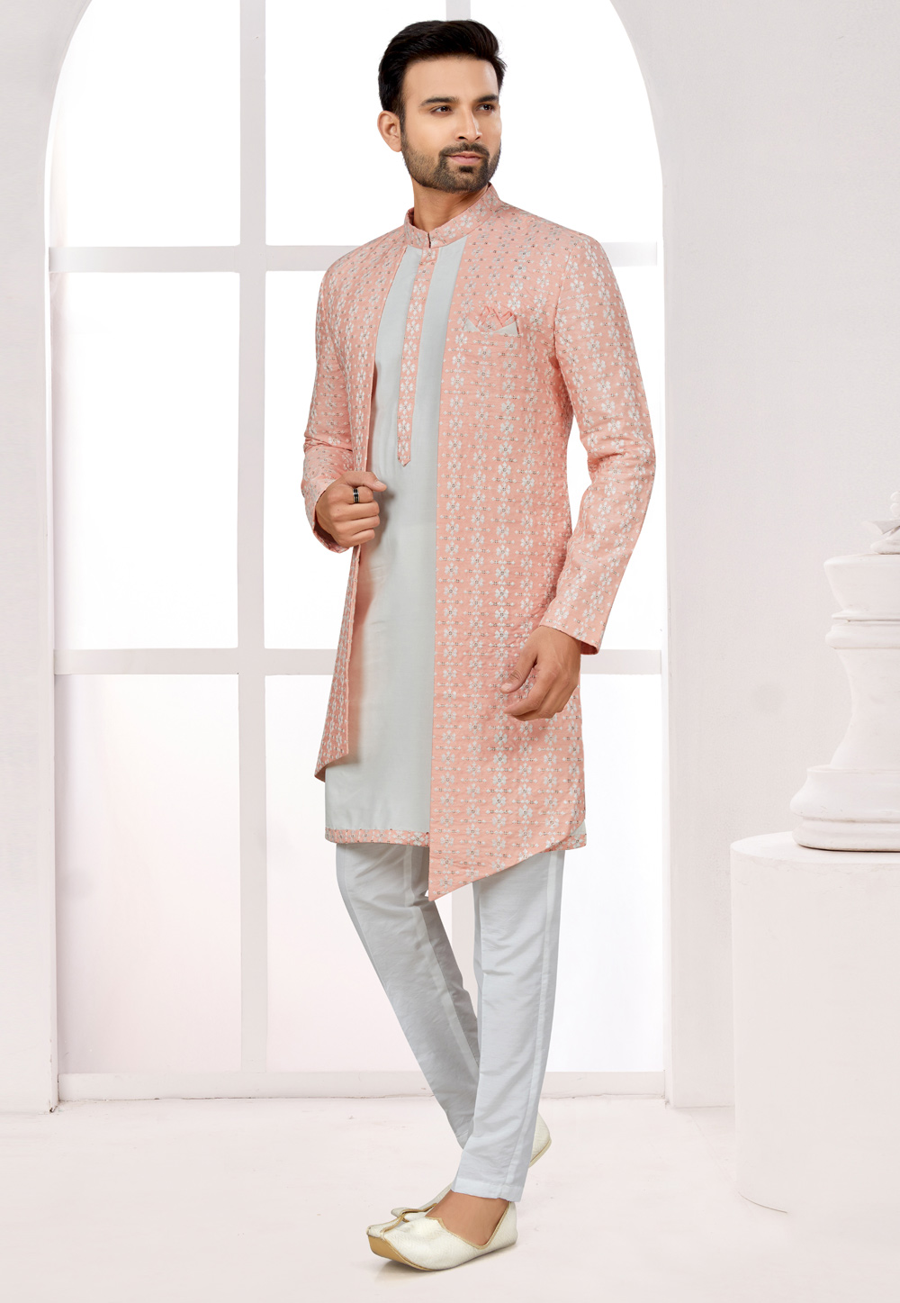 Off White Silk Jacket Style Sherwani 274040