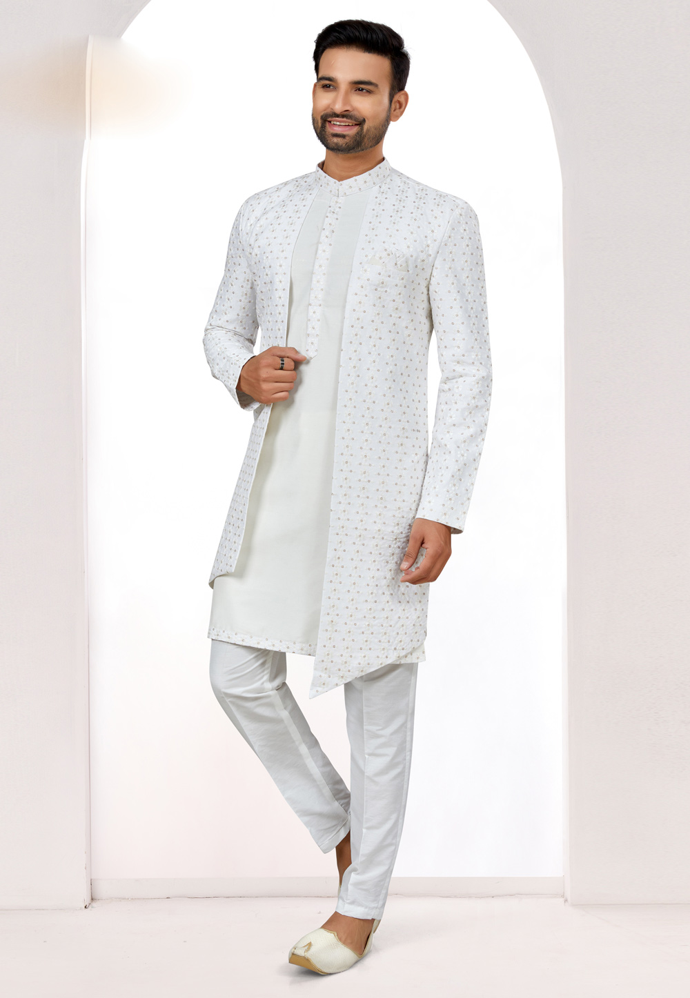 Off White Silk Jacket Style Sherwani 274041