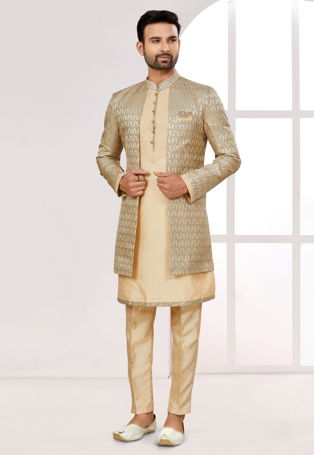 Beige Silk Jacket Style Sherwani 274042