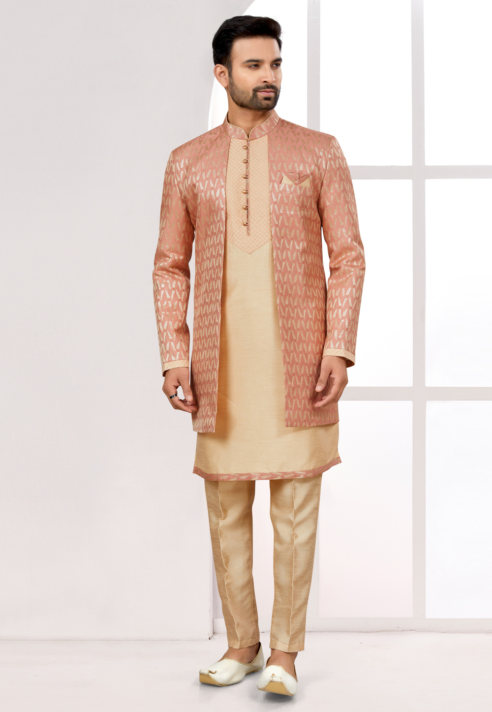 Beige Silk Jacket Style Sherwani 274043