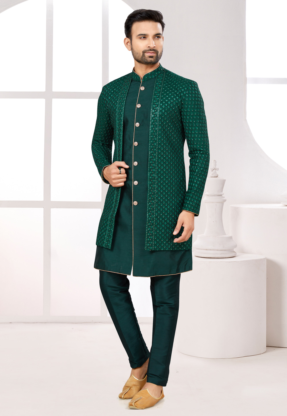 Green Silk Jacket Style Sherwani 274044