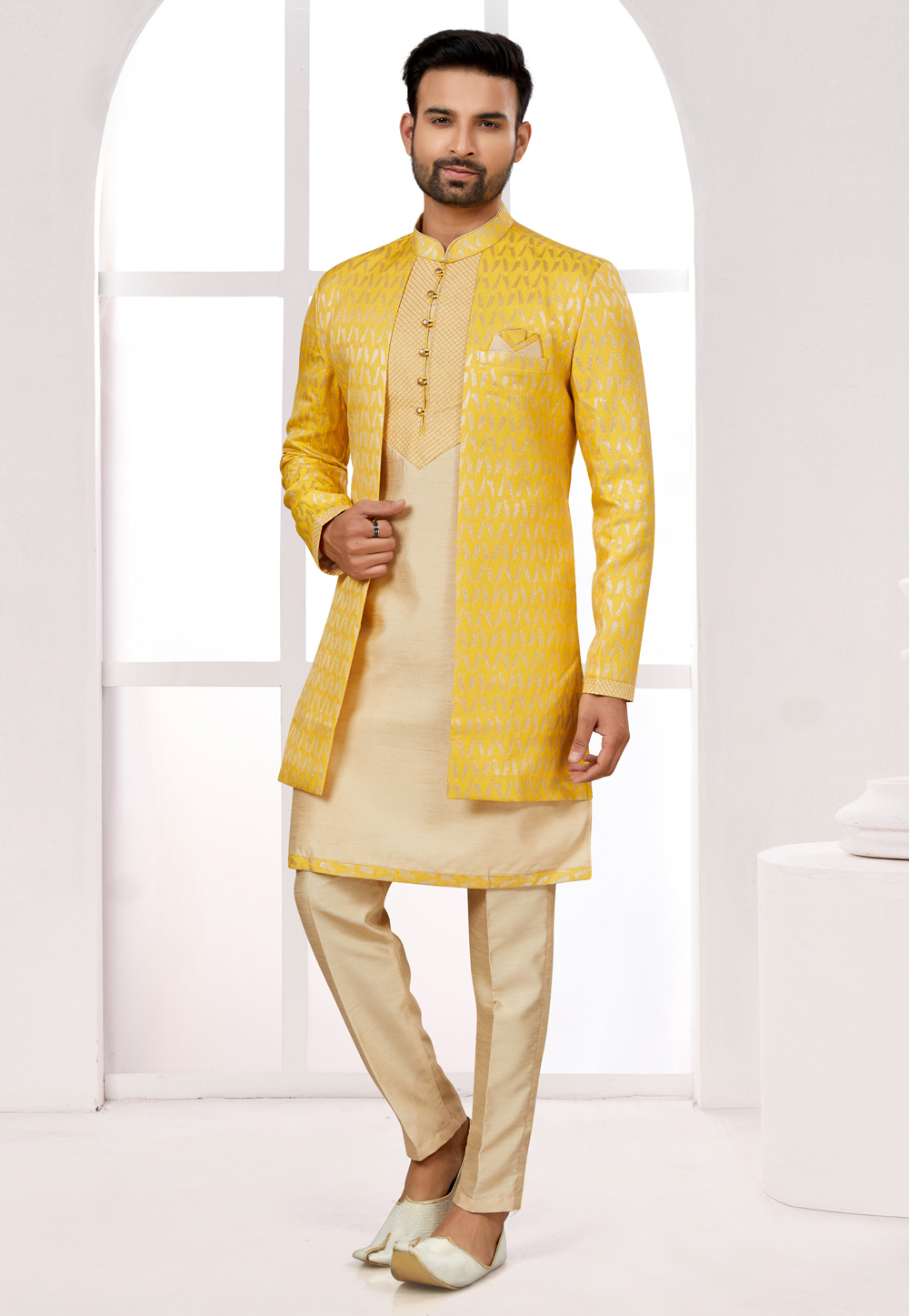 Beige Silk Jacket Style Sherwani 274045