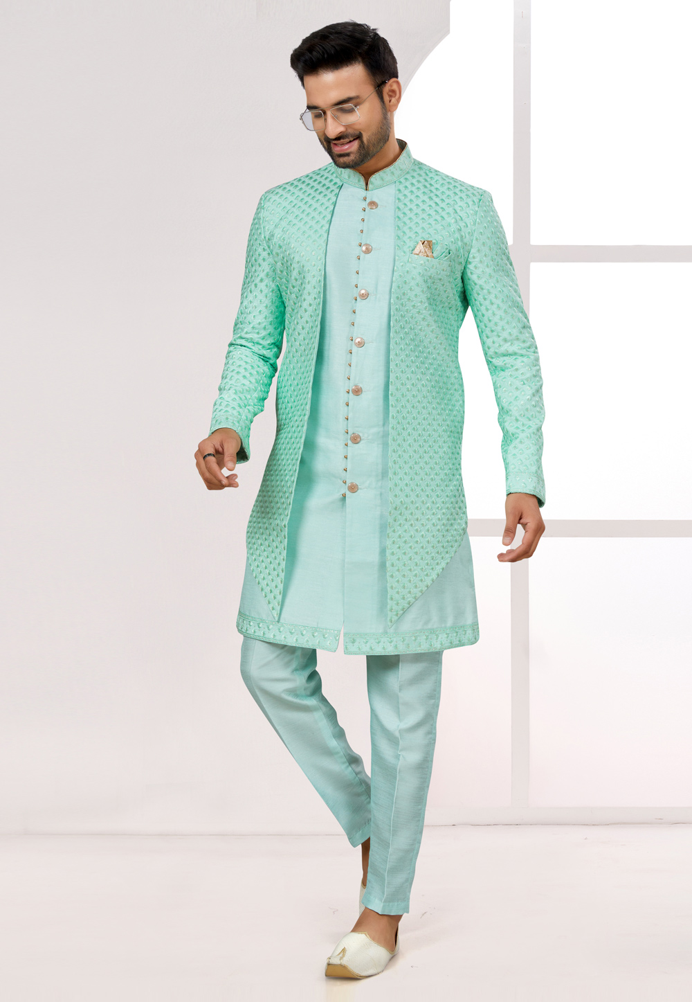 Sea Green Silk Jacket Style Sherwani 274046