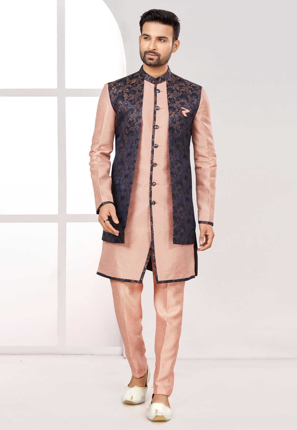 Peach Satin Jacquard Jacket Style Sherwani 274047
