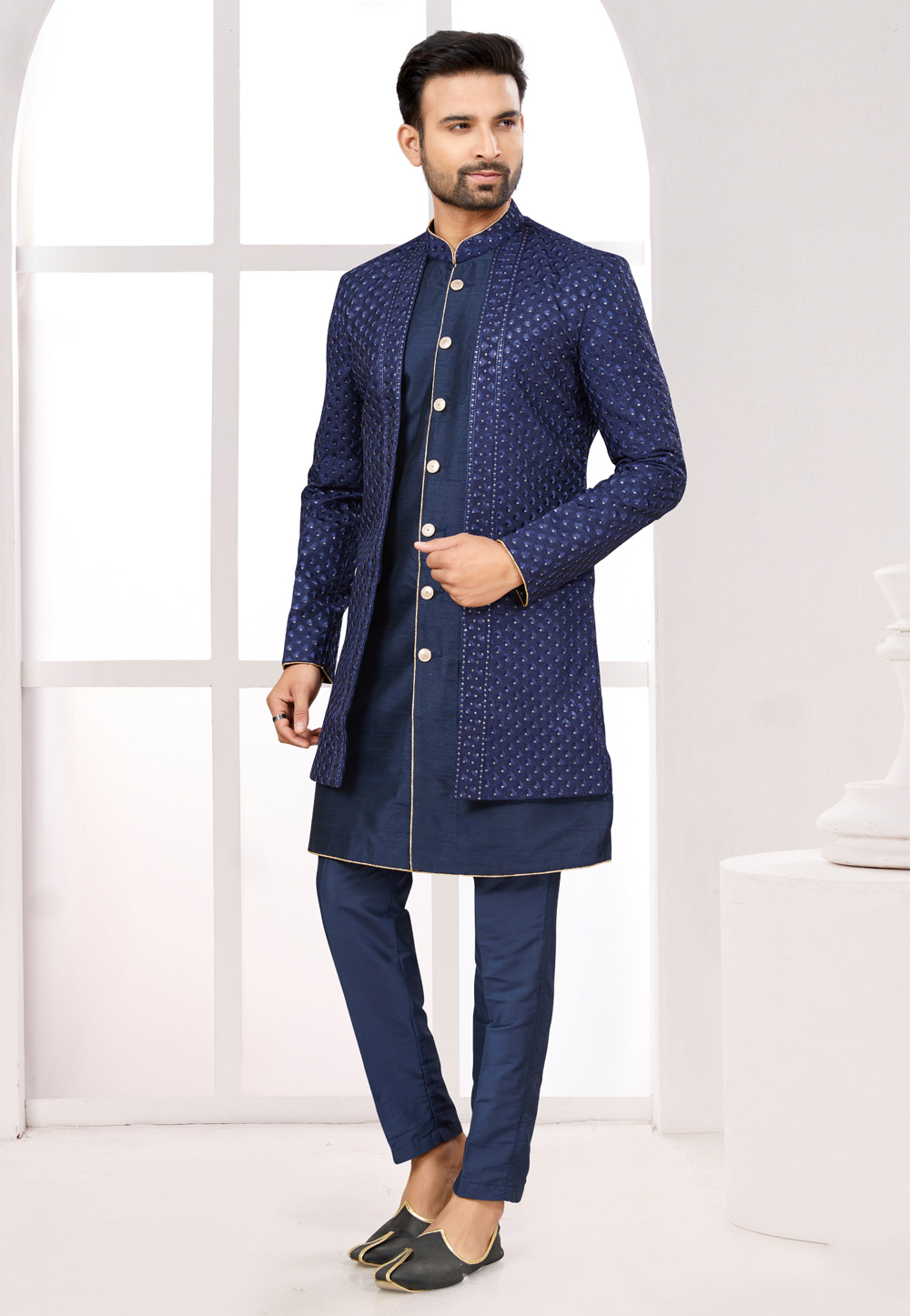 Navy Blue Silk Jacket Style Sherwani 274049