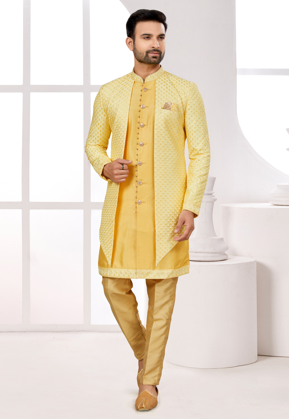 Yellow Silk Jacket Style Sherwani 274050