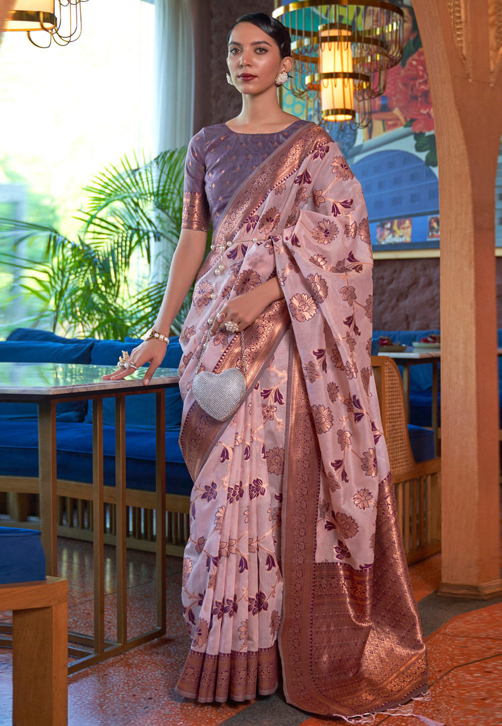 Light Pink Organza Saree With Blouse 263674