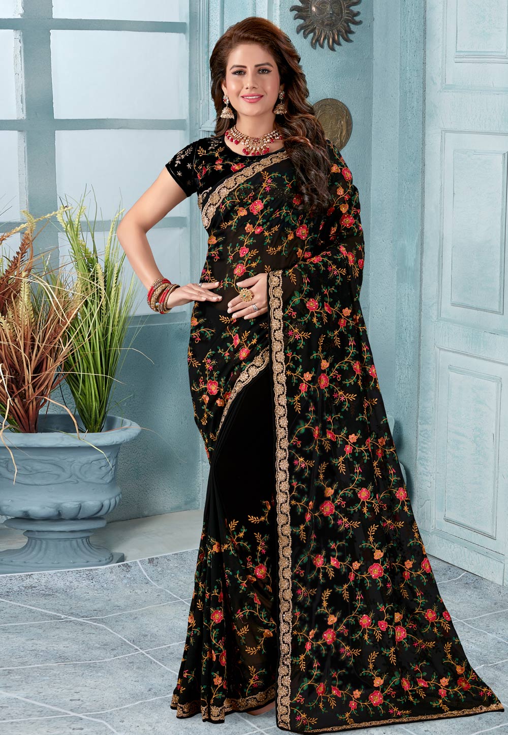 Black Georgette Saree With Blouse 196499