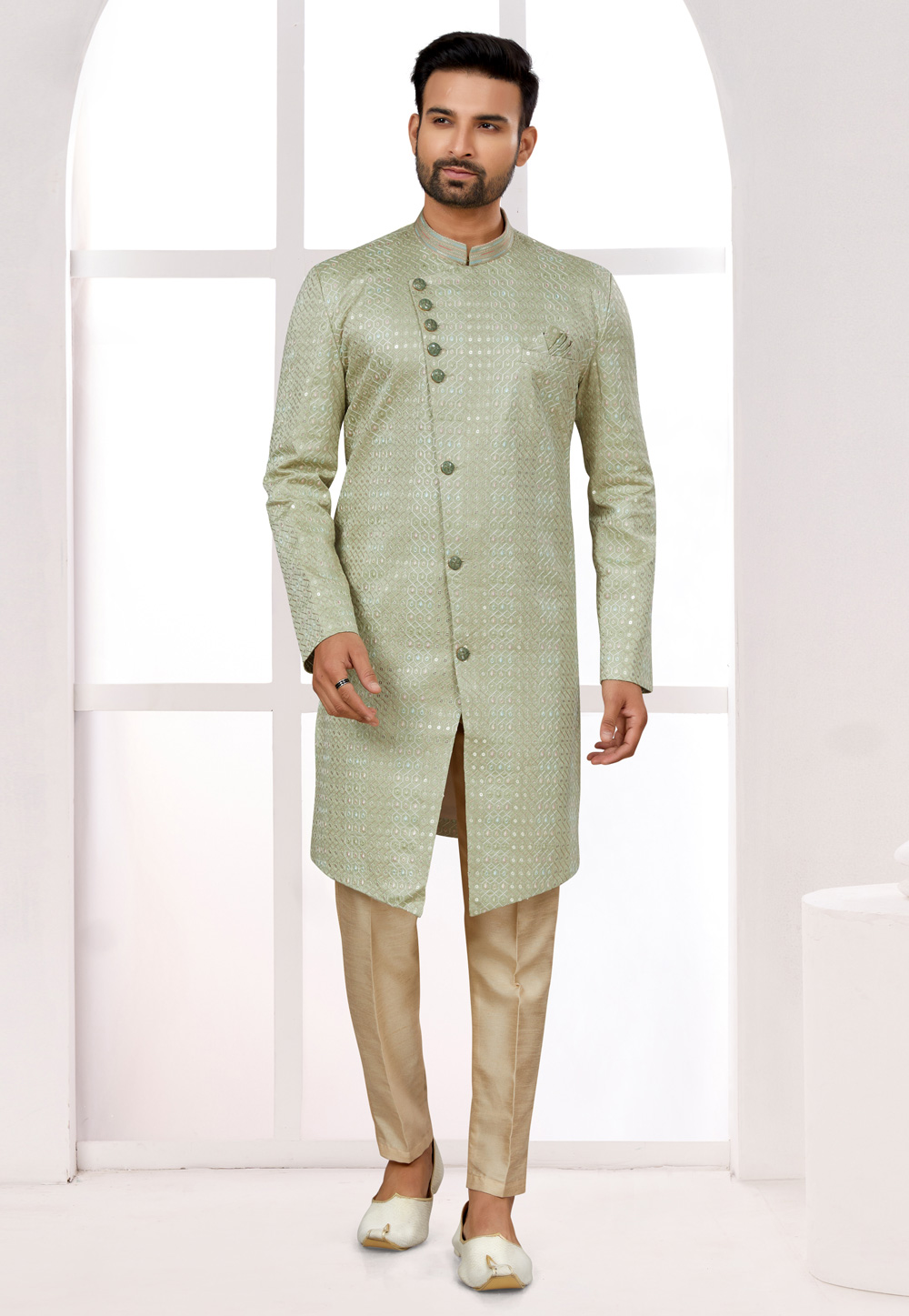 Pista Green Silk Achkan Style Sherwani 274052