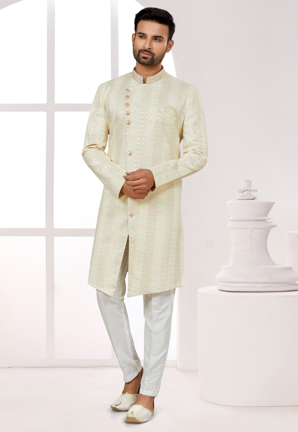 Cream Silk Achkan Style Sherwani 274054