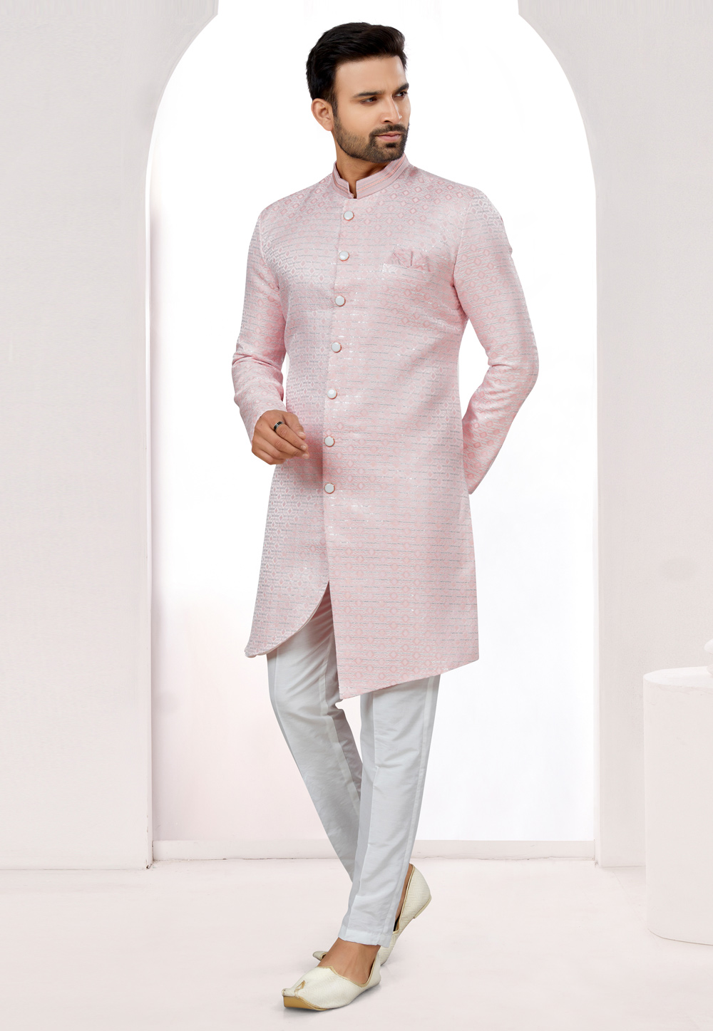 Light Pink Jacquard Indo Western Sherwani 274056