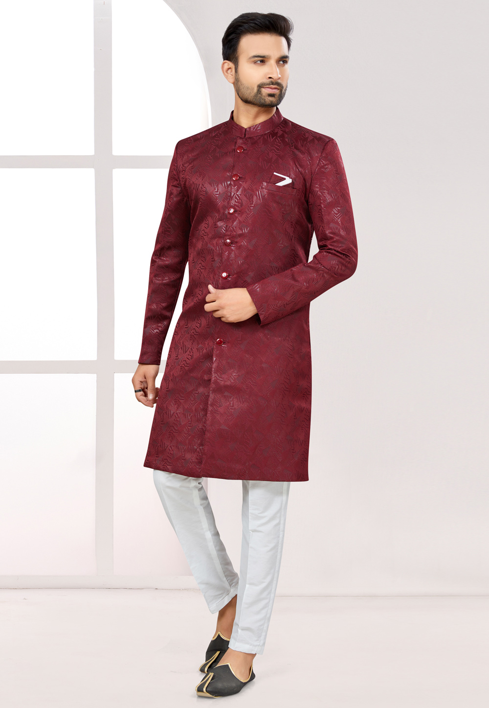 Maroon Satin Jacquard Achkan Style Sherwani 274057