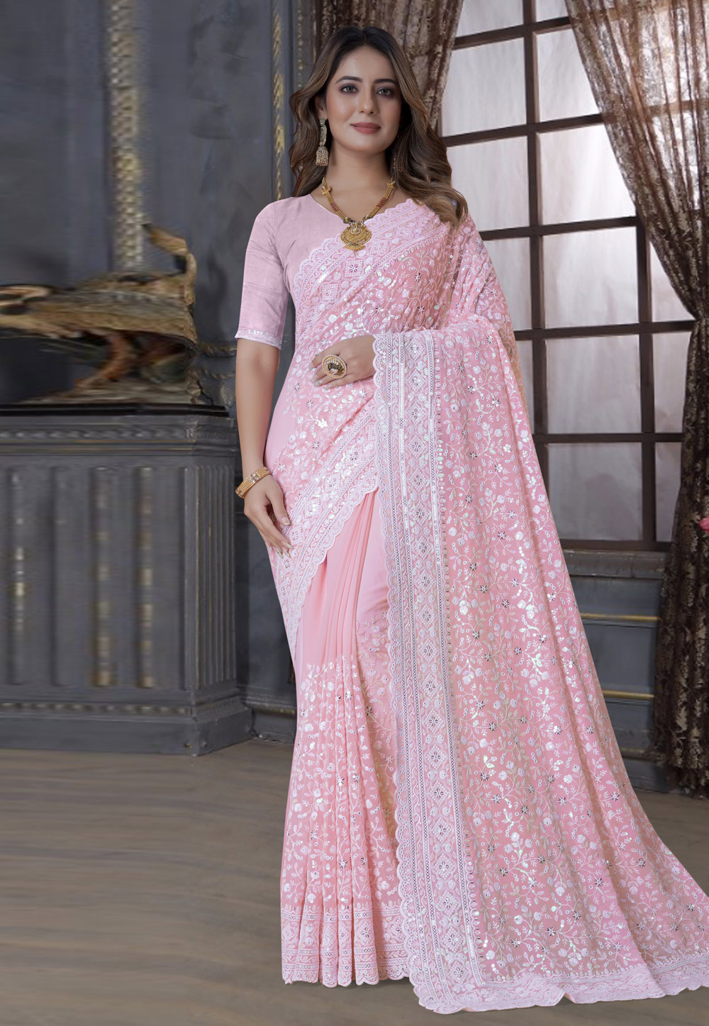 Rent Powder Pink Saree With Sheer Crop Top Online