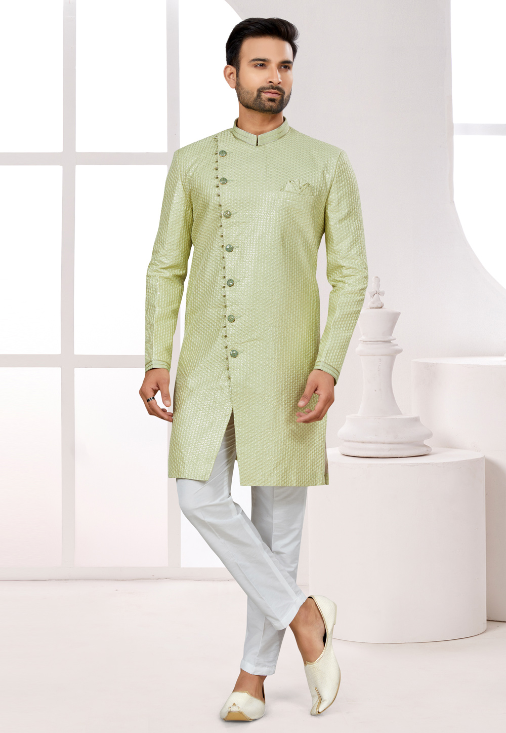 Pista Green Silk Achkan Style Sherwani 274062