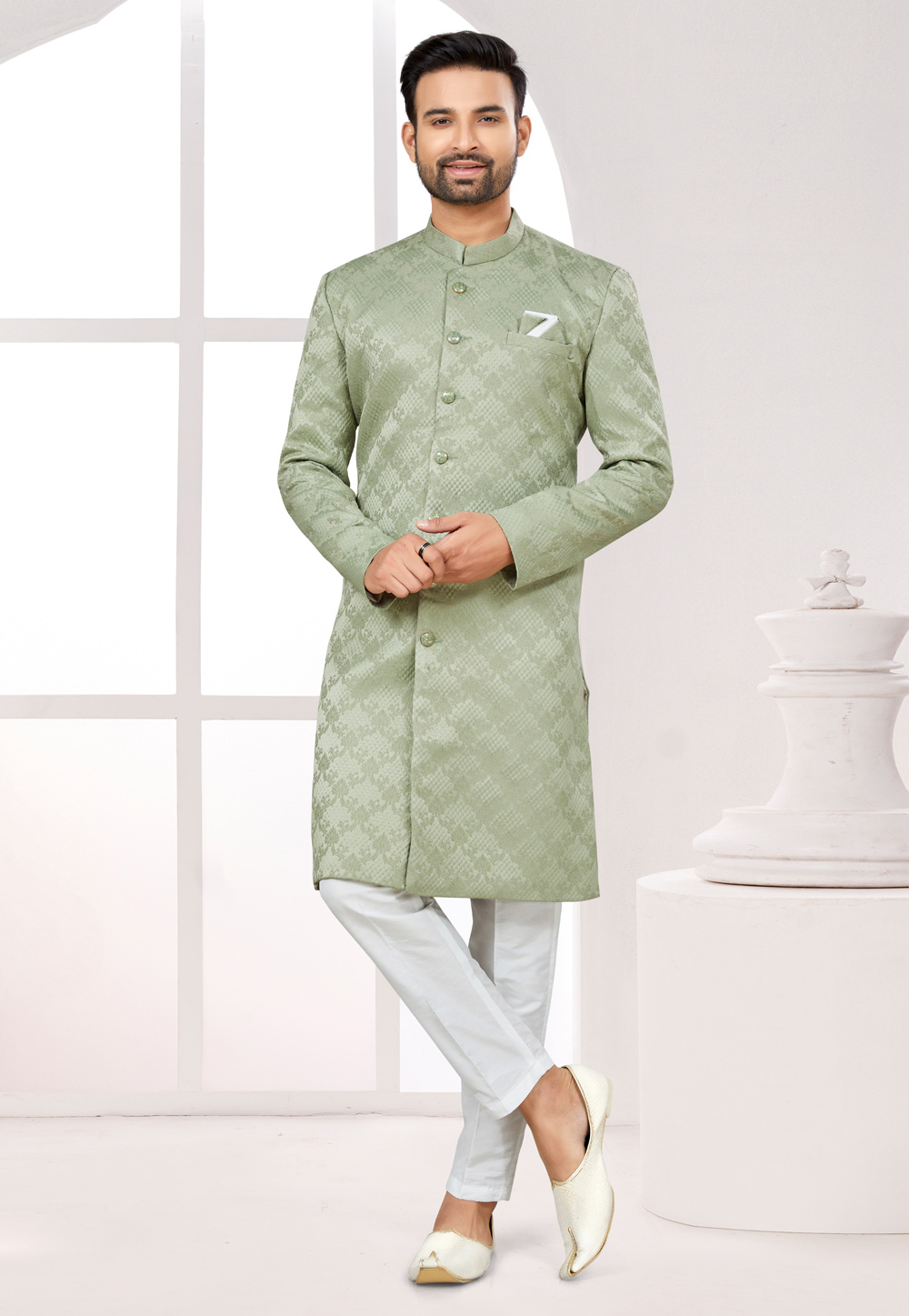 Pista Green Satin Jacquard Achkan Style Sherwani 274063
