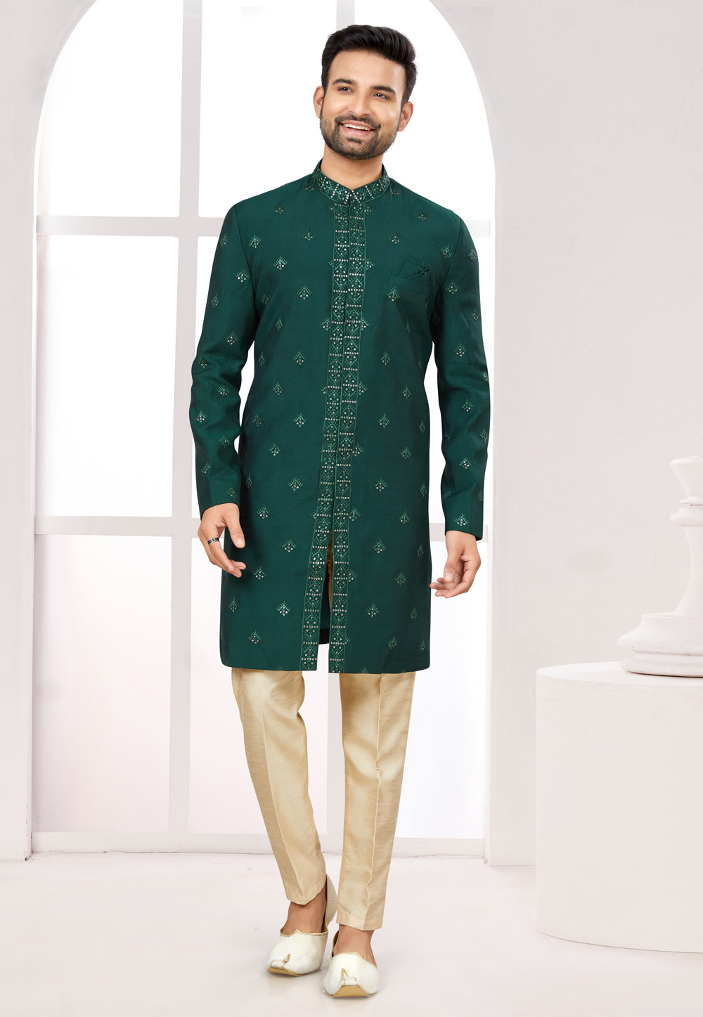 Green Silk Achkan Style Sherwani 274066