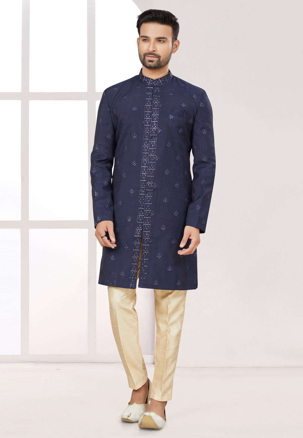 Navy Blue Silk Achkan Style Sherwani 274067