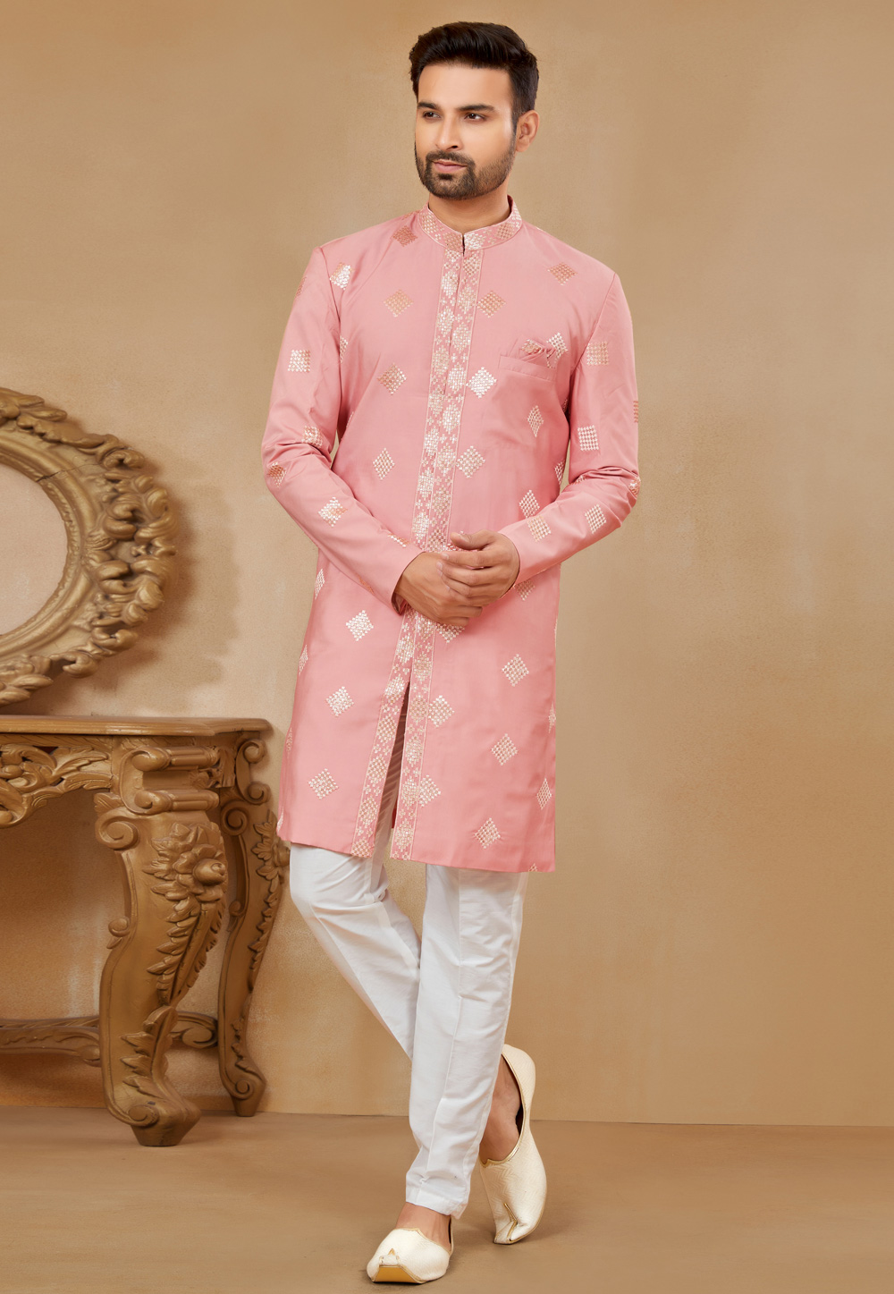 Pink Silk Achkan Style Sherwani 274069