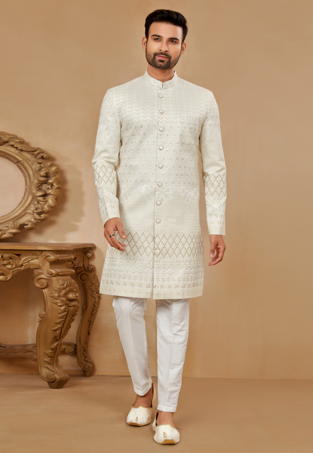 Off White Jacquard Achkan Style Sherwani 274071