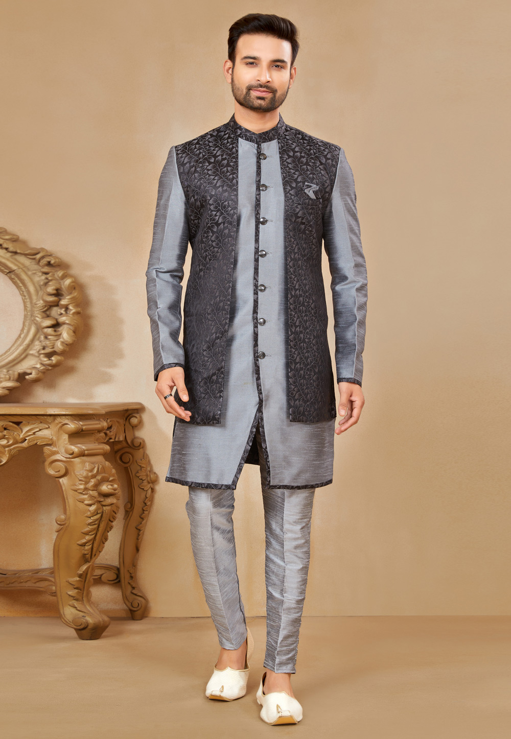 Grey Satin Jacquard Jacket Style Sherwani 274074