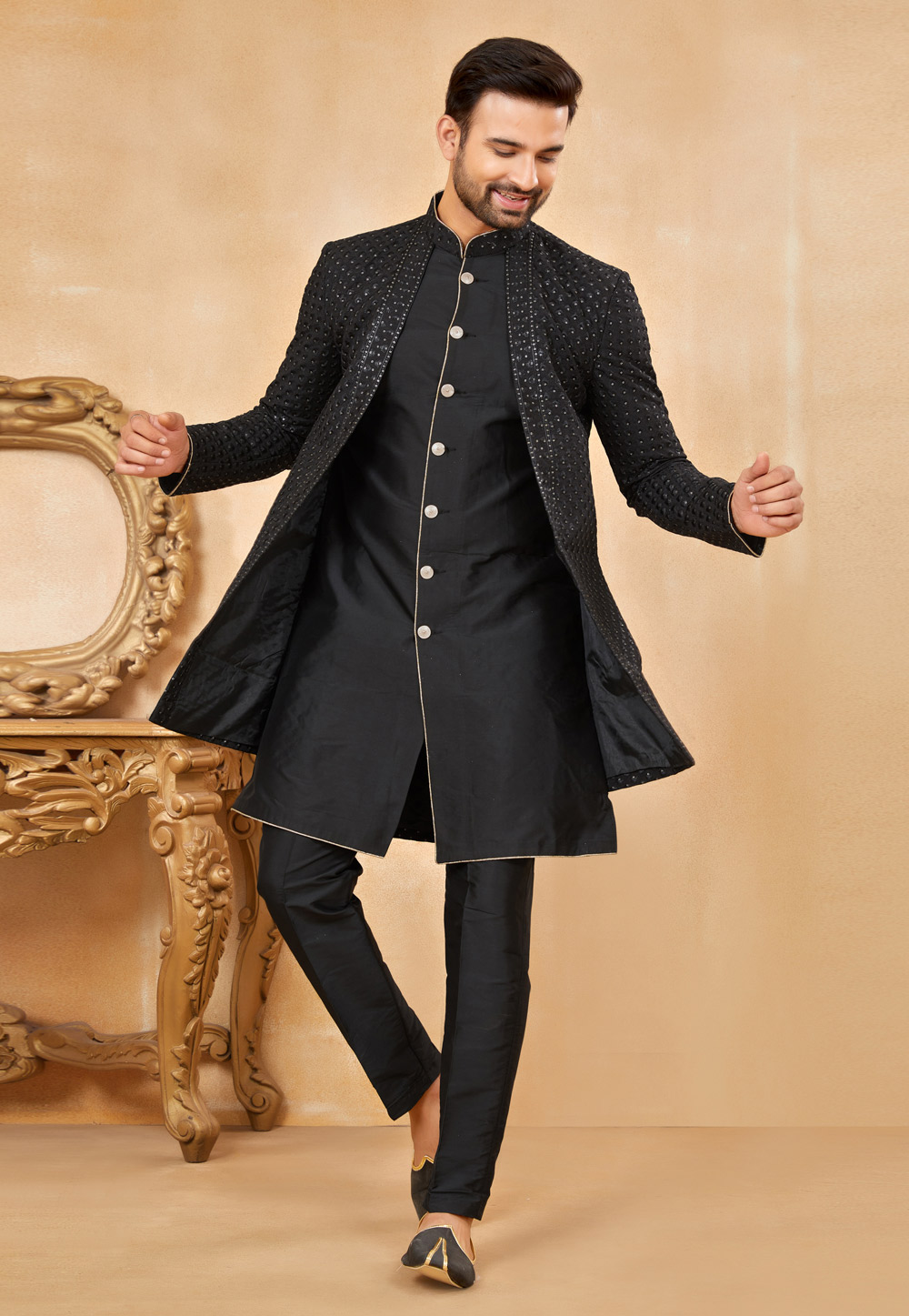 Black Silk Jacket Style Sherwani 274079
