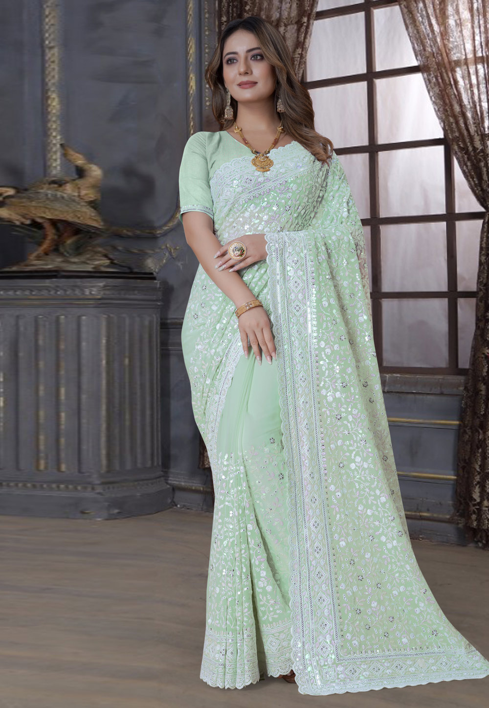 Sea Green Georgette Saree With Blouse 270243