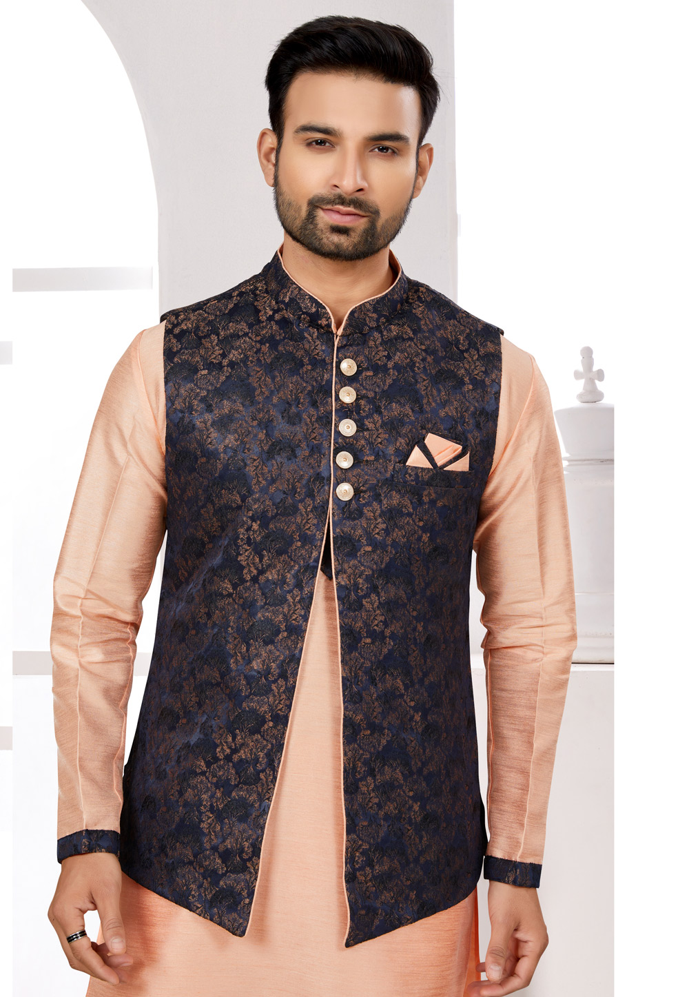 Art Banarasi Silk Peach Kurta Payjama With Jacket -