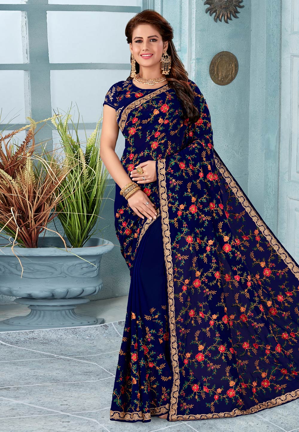 Blue Georgette Saree With Blouse 196503