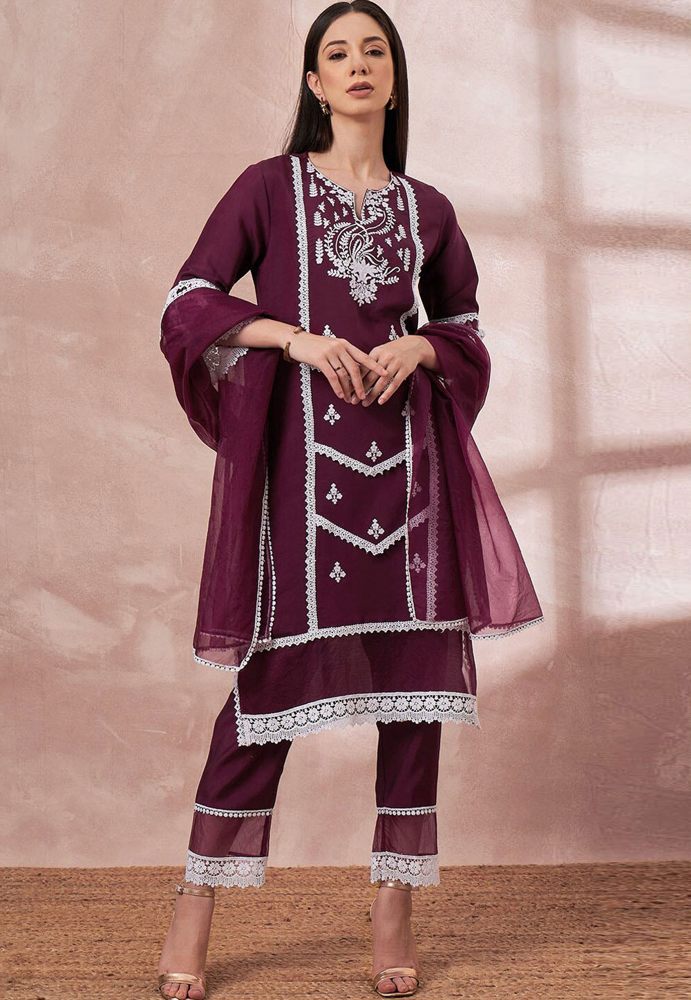 Wine Cotton Silk Readymade Pakistani Suit 274206