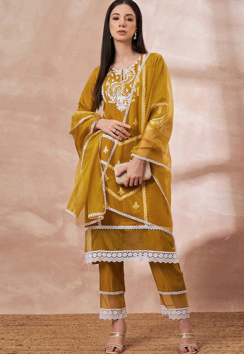 Mustard Cotton Silk Readymade Pant Style Suit 274207