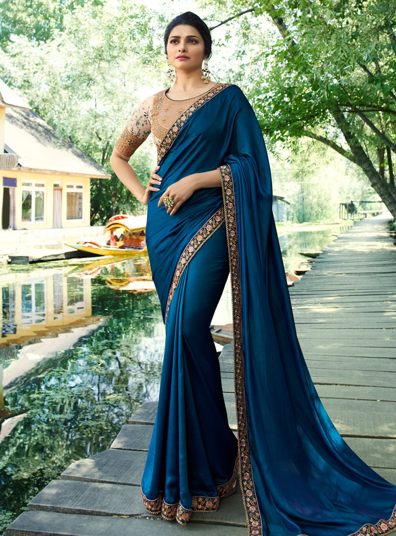Prachi Desai Blue Silk Party Wear Saree 143121