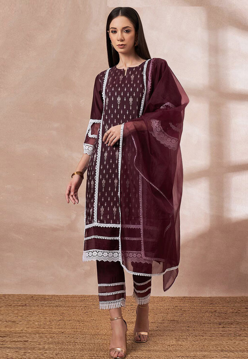 Wine Cotton Silk Readymade Pakistani Suit 274212