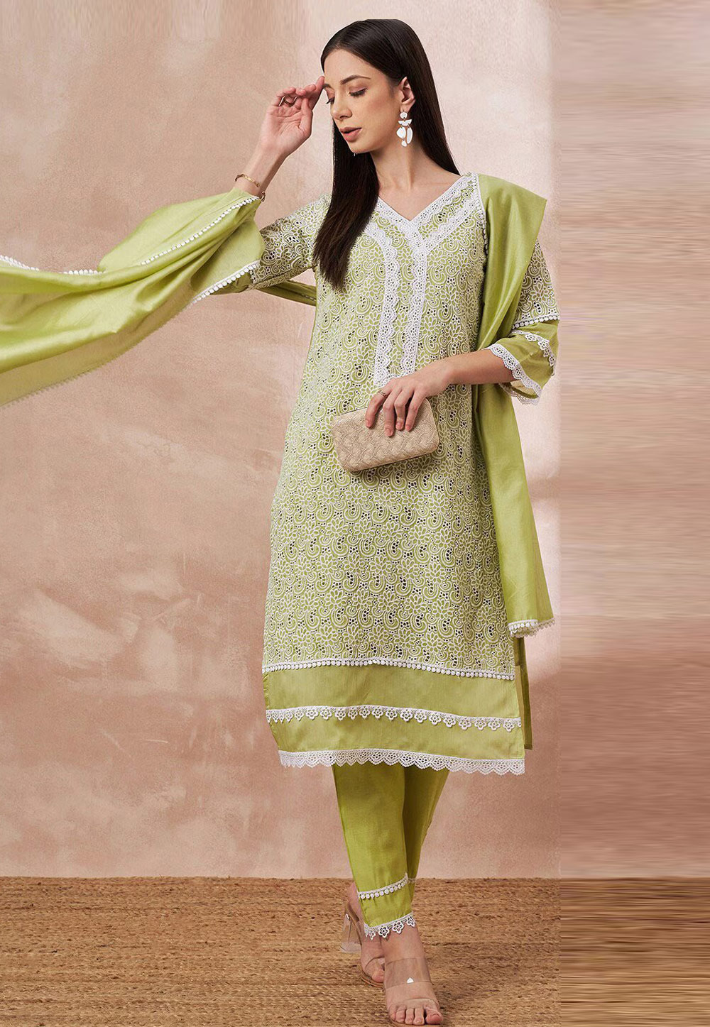 Light Green Cotton Silk Readymade Pakistani Suit 274214