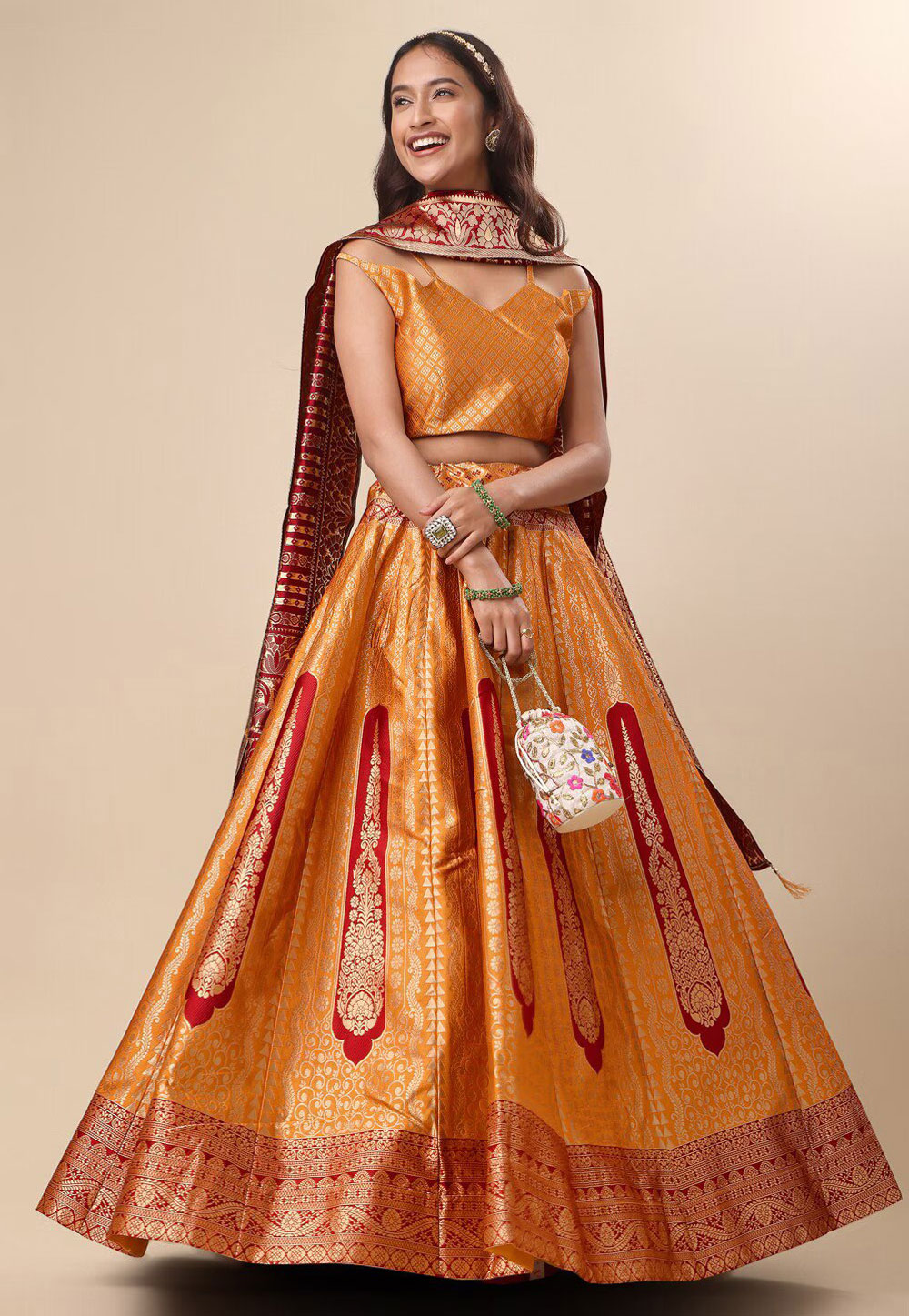 Orange Art Silk Circular Lehenga Choli 274395