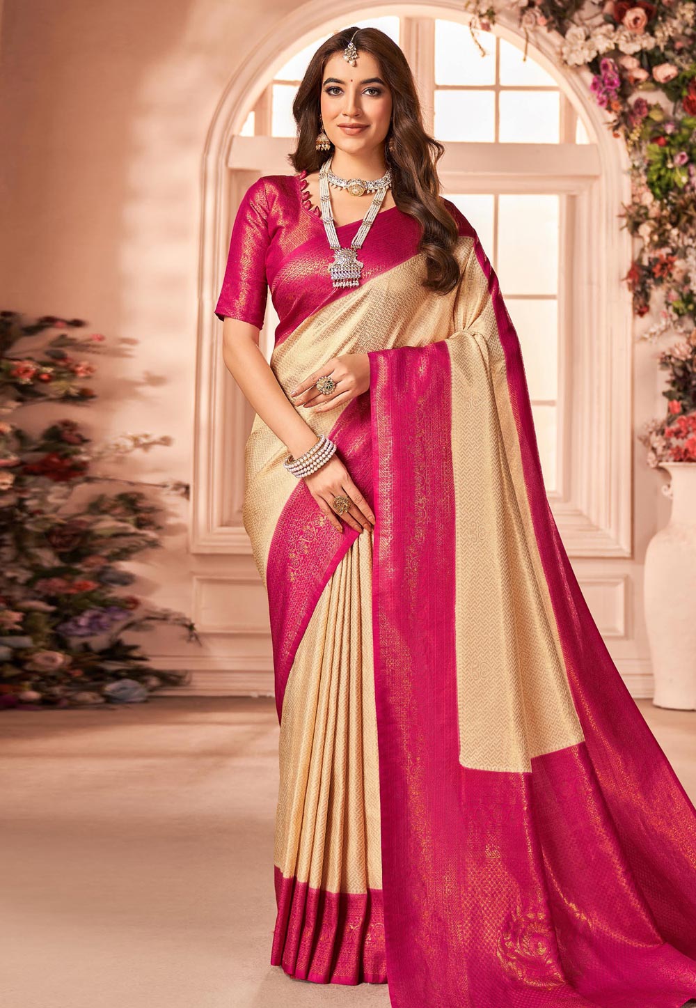 Buy SHWENILA Woven Banarasi Pure Silk Saree (Cream, Pink) at Amazon.in