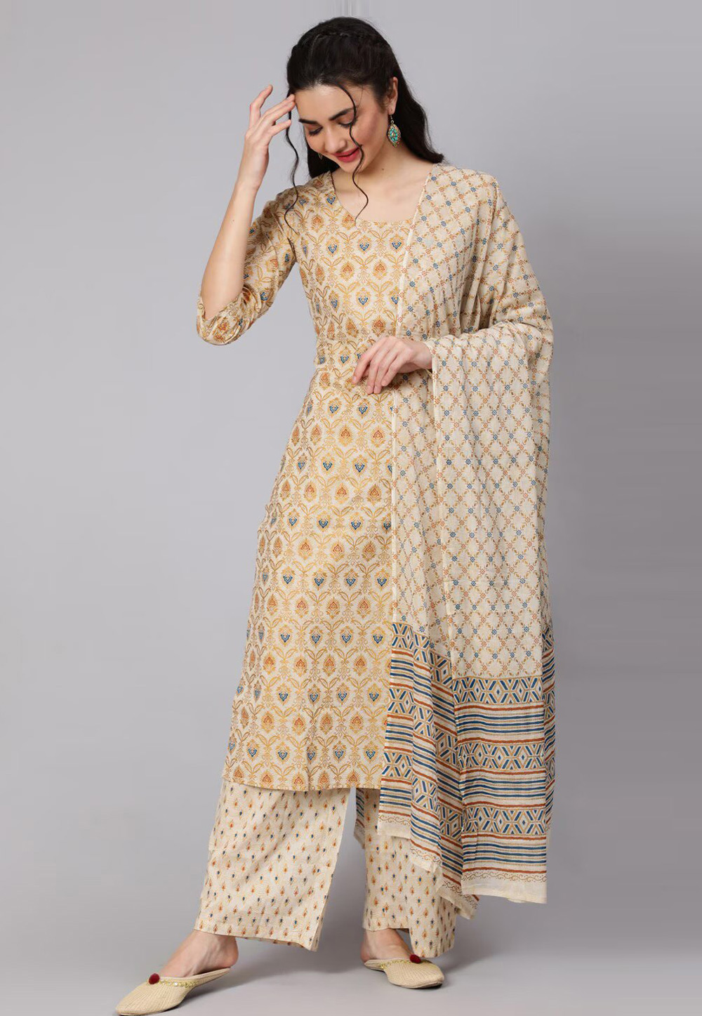 Beige Cotton Readymade Palazzo Suit 275981