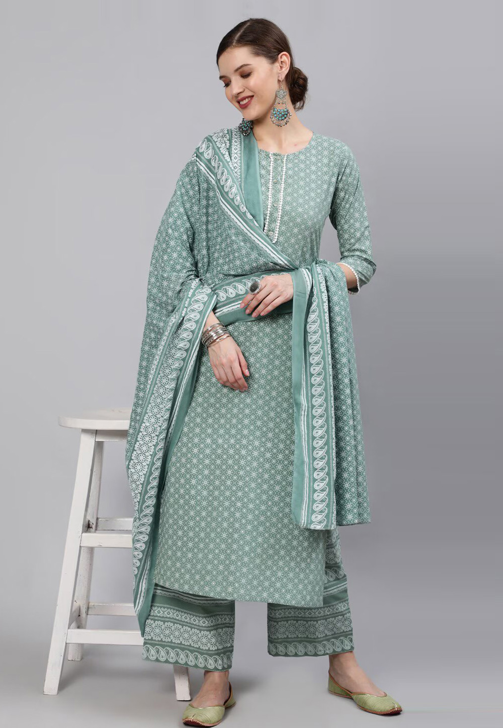 Sea Green Cotton Readymade Pakistani Suit 275984