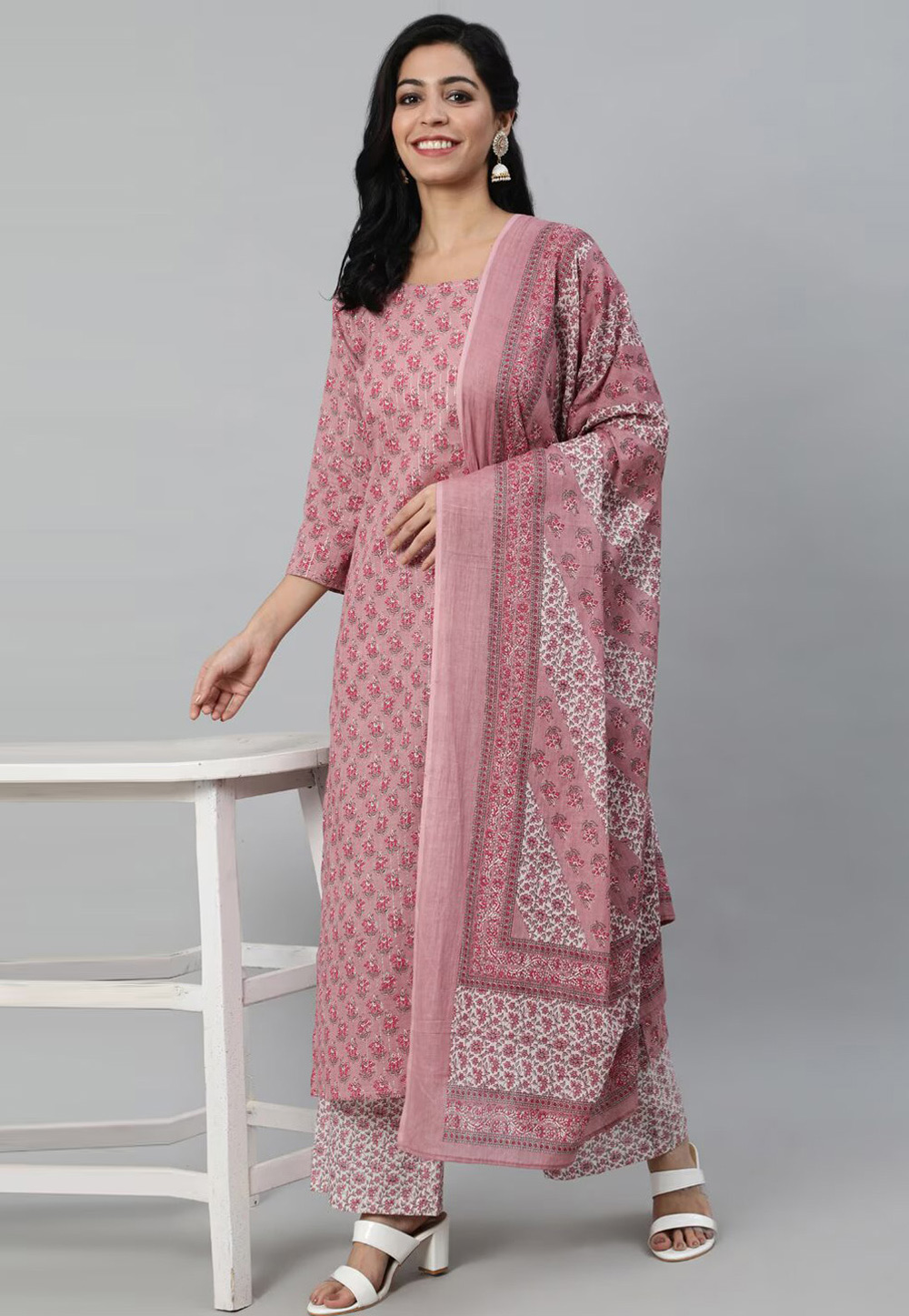 Pink Cotton Readymade Palazzo Suit 275985