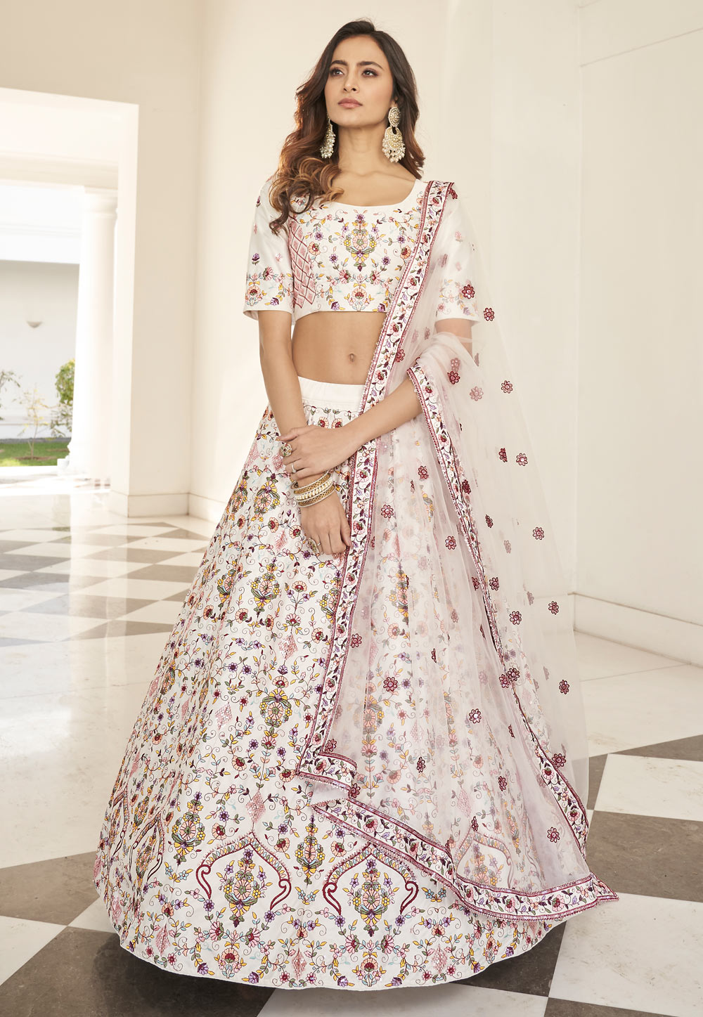 Satin Silk Embroidery Lehengas in Off White | Silk lehenga, Indian wedding  lehenga, White lehenga choli