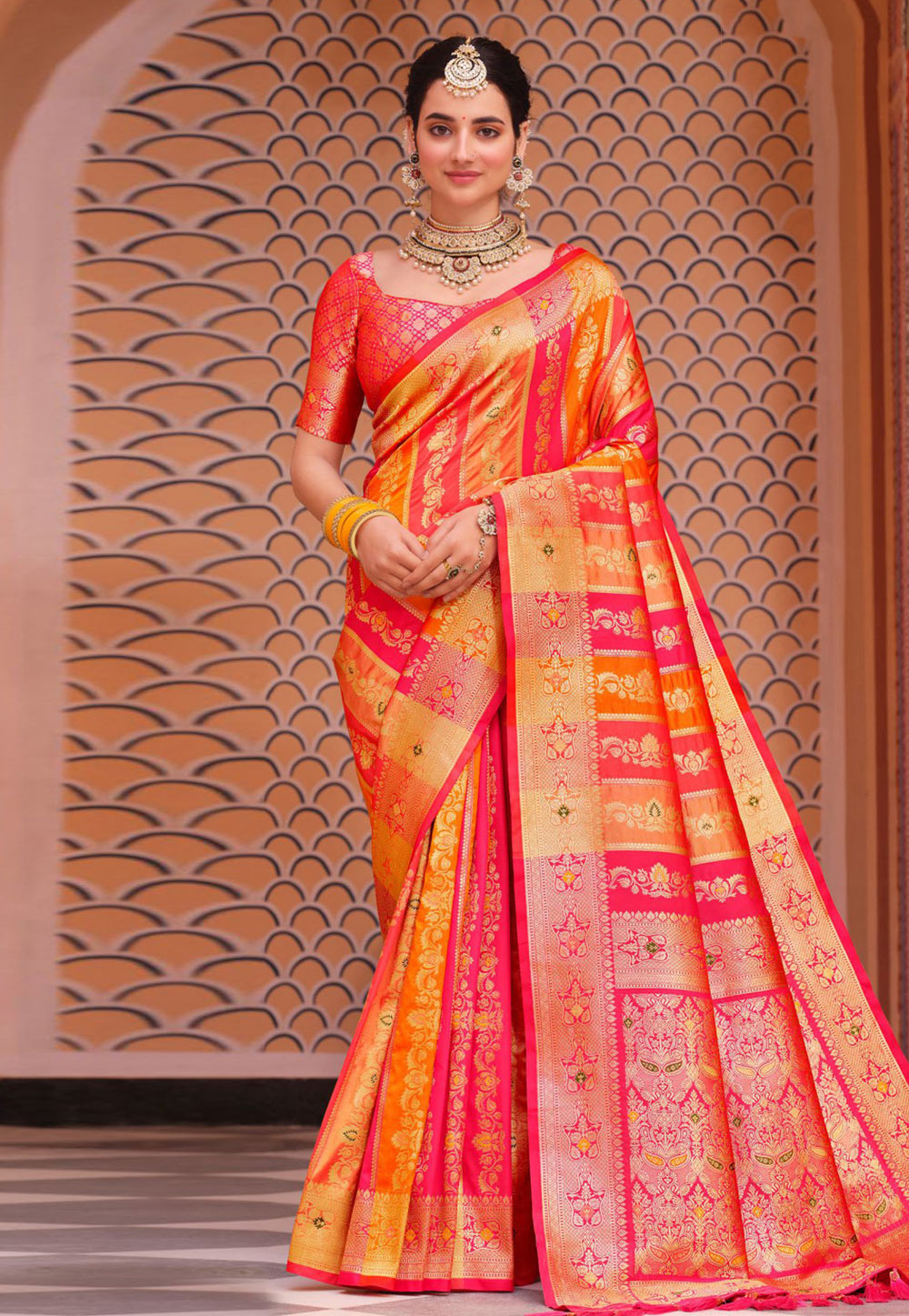Orange Pink Banarasi Silk Designer Wedding Saree