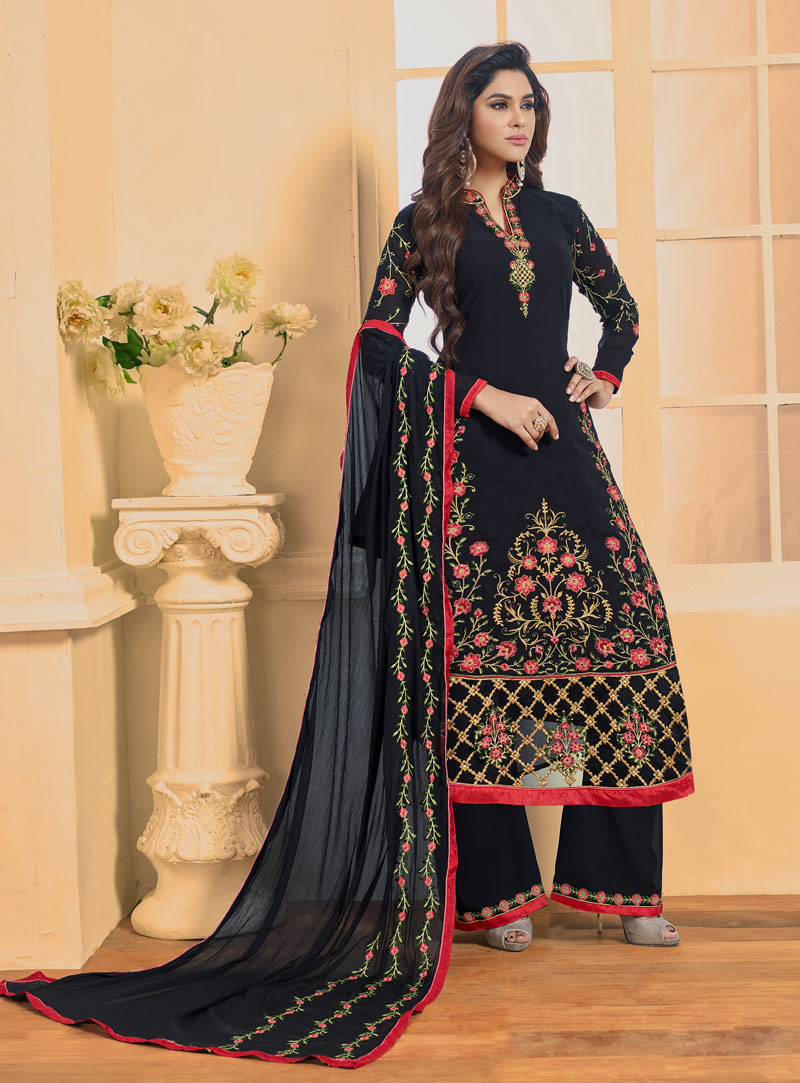 Black Faux Georgette Pakistani Style Suit 92130